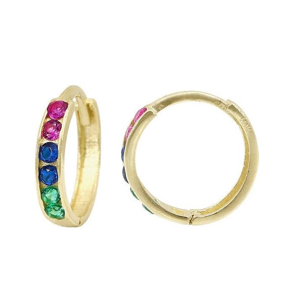 10K Gold Tiny Hoop Earrings, Multi-Color Rainbow CZ Gemstone, 11mm Everyday Wear - Picture 1 of 6